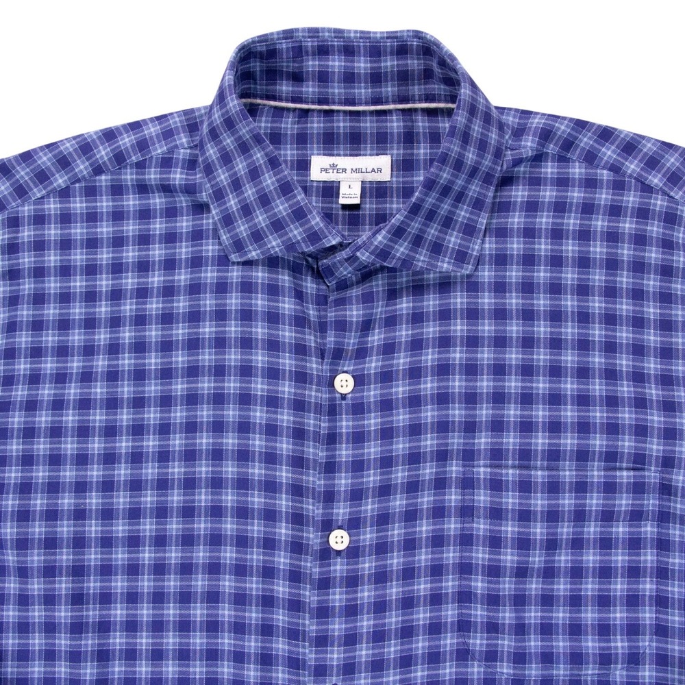 Peter Millar Crown Collection Mens L Blue Plaid Check Marrett Cotton LS Shirt‎